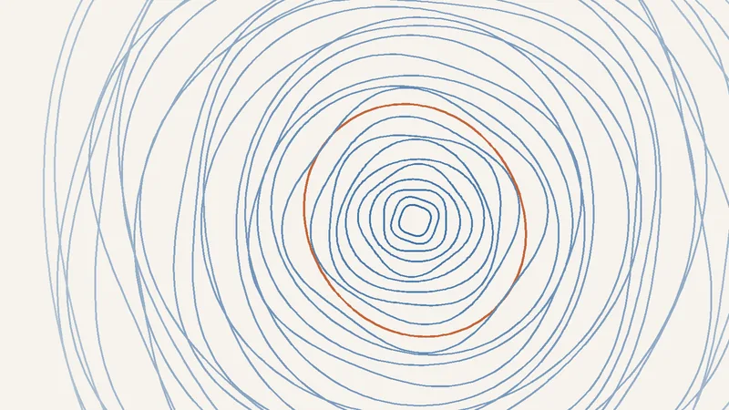 Thirty concentric hand-drawn rings in slate radiating from a point on a warm paper background, with one ring near the centre picked out in clay.