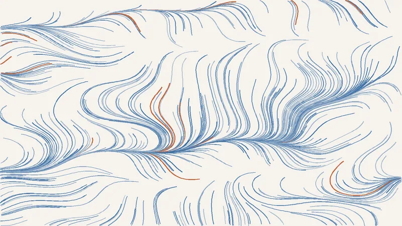 Abstract illustration: many thin slate flow lines converging through a narrow band, with a few clay strands passing through, suggesting candidates filtered into a stronger model.