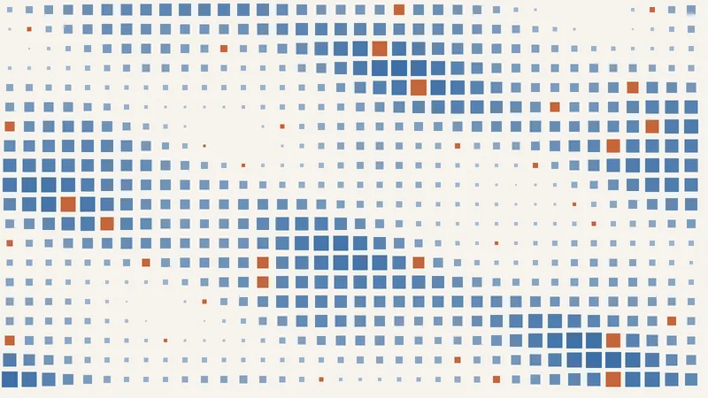 Abstract illustration: a dense grid of slate squares of varying size with a few clay squares scattered through it, suggesting a population of programs with a handful of selected variants.