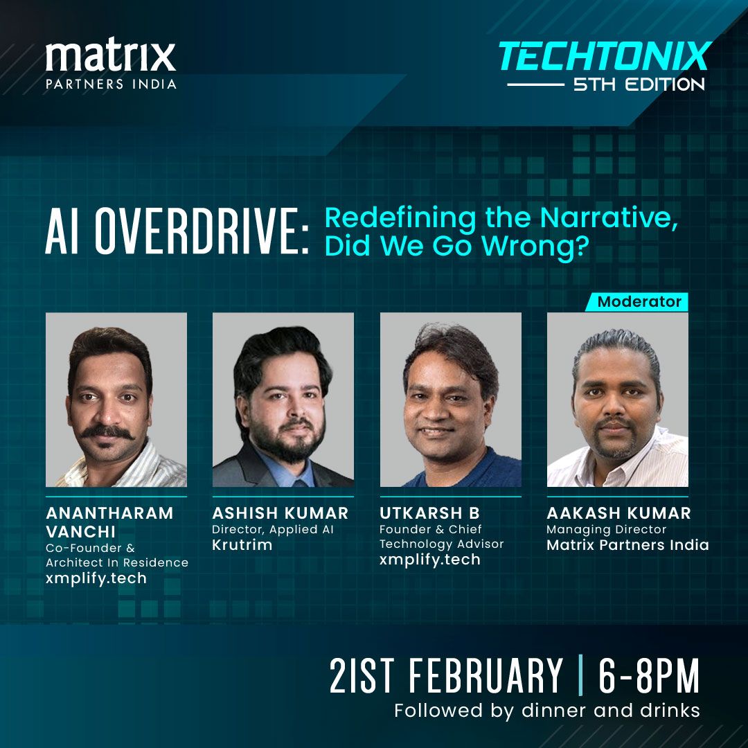 Techtonix event poster listing Ashish Kumar, Director of Applied AI at Krutrim, alongside Anantharam Vanchi, Utkarsh B and moderator Aakash Kumar.